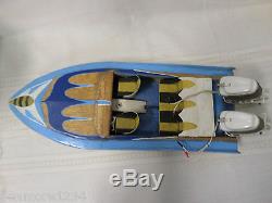 VINTAGE TOY MODEL WOODEN BOAT WITH TWIN BATTERY OPERATED MERCURY OUTBOARD MOTORS