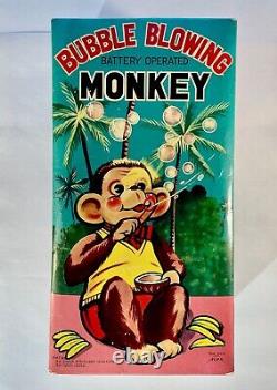 VTG BUBBLE BLOWING MONKEY ALPS JAPAN'50S BATTERY OP TIN TOY WithBOX WORKS! VG