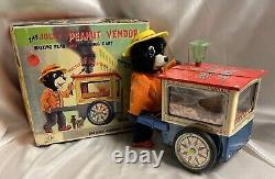 Vintage 1950's Battery Oper'The Jolly Peanut Vendor' Bear Tin Litho Toy Japan