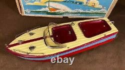 Vintage 1950s Tin Model Speed Boat Toy Pond Boat Battery Operated Motor with Box
