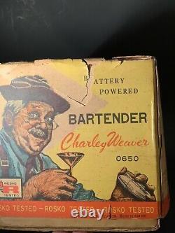 Vintage 1962 Charlie Weaver Bat. Opt. Moving Bartender Tin Toy. / Box Rosko