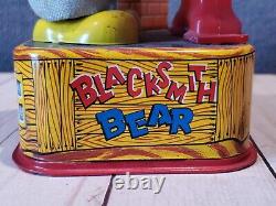 Vintage A1 IOB Blacksmith Bear with Horseshoe Battery Operated Tin Litho Toy