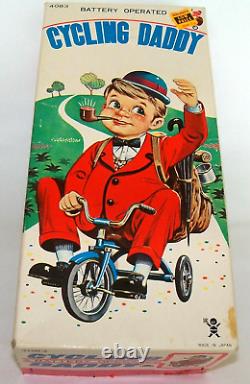 Vintage Battery Operated Cycling Daddy Tin Litho Bandai Co, c1960s with Box