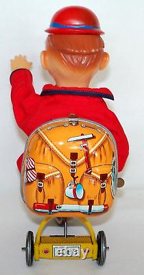 Vintage Battery Operated Cycling Daddy Tin Litho Bandai Co, c1960s with Box