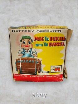 Vintage Battery Operated Mac The Turtle With The Barrel Tin And Vinyl Toy