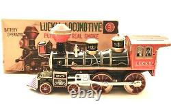 Vintage Battery Operated Puffing Out Real Smoke Lucky Locomotive Tin Train Mint