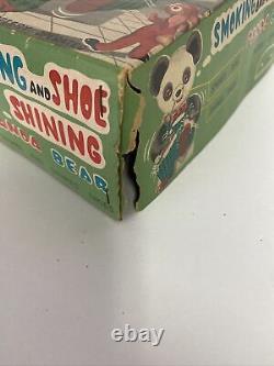 Vintage Battery Operated Smoking And Shoe Shining Panda Bear Tin Toy With box