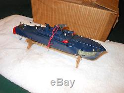 Vintage CANOT J. R. D. RARE FRANCE Torpedo Boat Pressed Steel Wind Up Toy Ship WW2