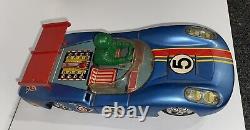 Vintage Daiya Japan Battery Operated Tin Toy Race Car Bardahl, Stp, Bp Shell Gas