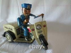 Vintage NOMURA Tin Police Patrol Battery Operated Auto-Tricycle Made in Japan