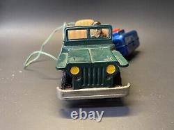 Vintage NOS 1960s Sanshin Japan Green Pressed Tin Battery Operated Jeep with Box