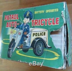 Vintage Nomura Japan Police Patrol Auto-Tricycle Tin Battery Operated with Box