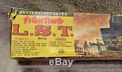 Vintage Rare Marx Toy Fighting L. S. T. Battery Operated Tin Army Ship 1964 withBox