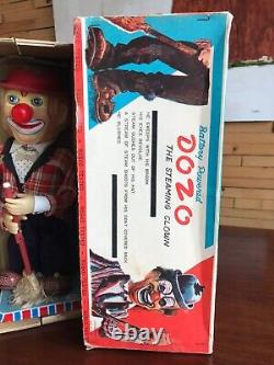 Vintage Rosko Dozo The Steaming Clown Tin Battery Toy with Original Box Japan