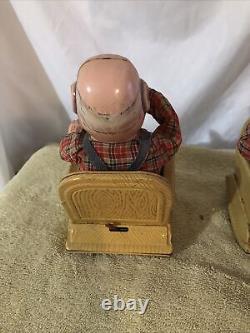 Vintage SAN Japan Tin Metal Toy Old Man Grandpa Smoking Pipe withRocking Chair