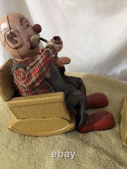 Vintage SAN Japan Tin Metal Toy Old Man Grandpa Smoking Pipe withRocking Chair