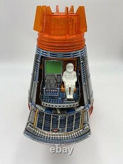 Vintage SH Battery Operated Super Space Capsule Japan Litho Tin Toy withBox WORKS