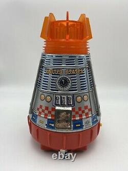 Vintage SH Battery Operated Super Space Capsule Japan Litho Tin Toy withBox WORKS