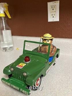 Vintage Smokey The Bear In Jeep Battery Operated-tin Toy Japan-10.5working