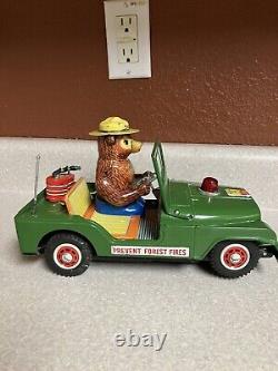 Vintage Smokey The Bear In Jeep Battery Operated-tin Toy Japan-10.5working