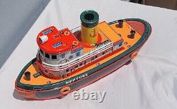 Vintage TUG BOAT NEPTUNE Battery Operated Tin Toy Modern Toys Japan In Box