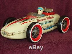 Vintage Tin Battery Op Record Holder Race Car-Masudaya japan-Nice-Works