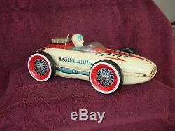 Vintage Tin Battery Op Record Holder Race Car-Masudaya japan-Nice-Works