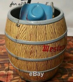 Vintage Tin Battery Operated Cowboy in a Barrel, by Swallow Toys of Japan