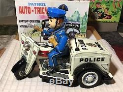 Vintage Tin Battery Operated Police Patrol Auto-Tricycle Motorcycle 1960s Japan