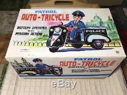Vintage Tin Battery Operated Police Patrol Auto-Tricycle Motorcycle 1960s Japan