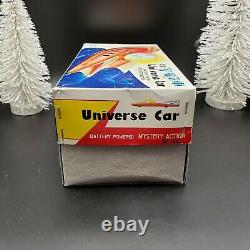 Vintage Tin Litho Universe Car Mystery Action Battery Spaceship In Box Works Toy