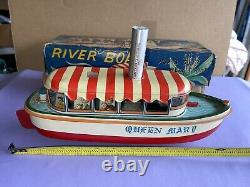 Vintage Tin Marusan Battery Operated Jungle Cruiser Queen Mary Boat 1950s Japan