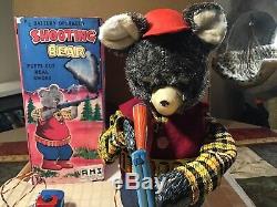Vintage Tin Marusan Battery Operated Shooting Bear With Smoking Gun 1960s Japan