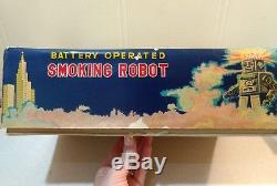 Vintage Yonezawa Japan Tin Toy Battery Operated Smoking Robot withoriginal box