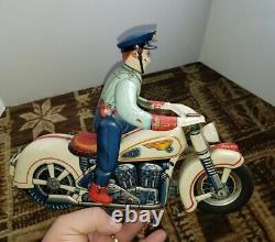 Vtg Highway Patrol Motorcycle & Rider Battery Operated 50's Tin Toy MT Police