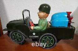 Vtg Rare Masudaya Modern Toys Army Jeep Tin Toy Battery Operated