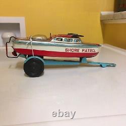 Yonezawa Tin, Battery Operated, Shore Patrol Boat With Trailer Fully Working